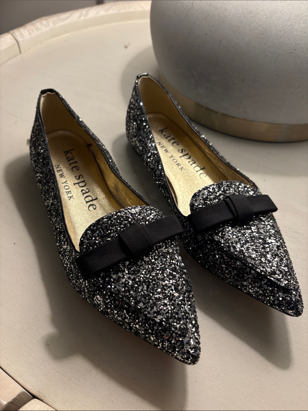 kate spade Silver & Black Glitter Pointed Loafers with Bow